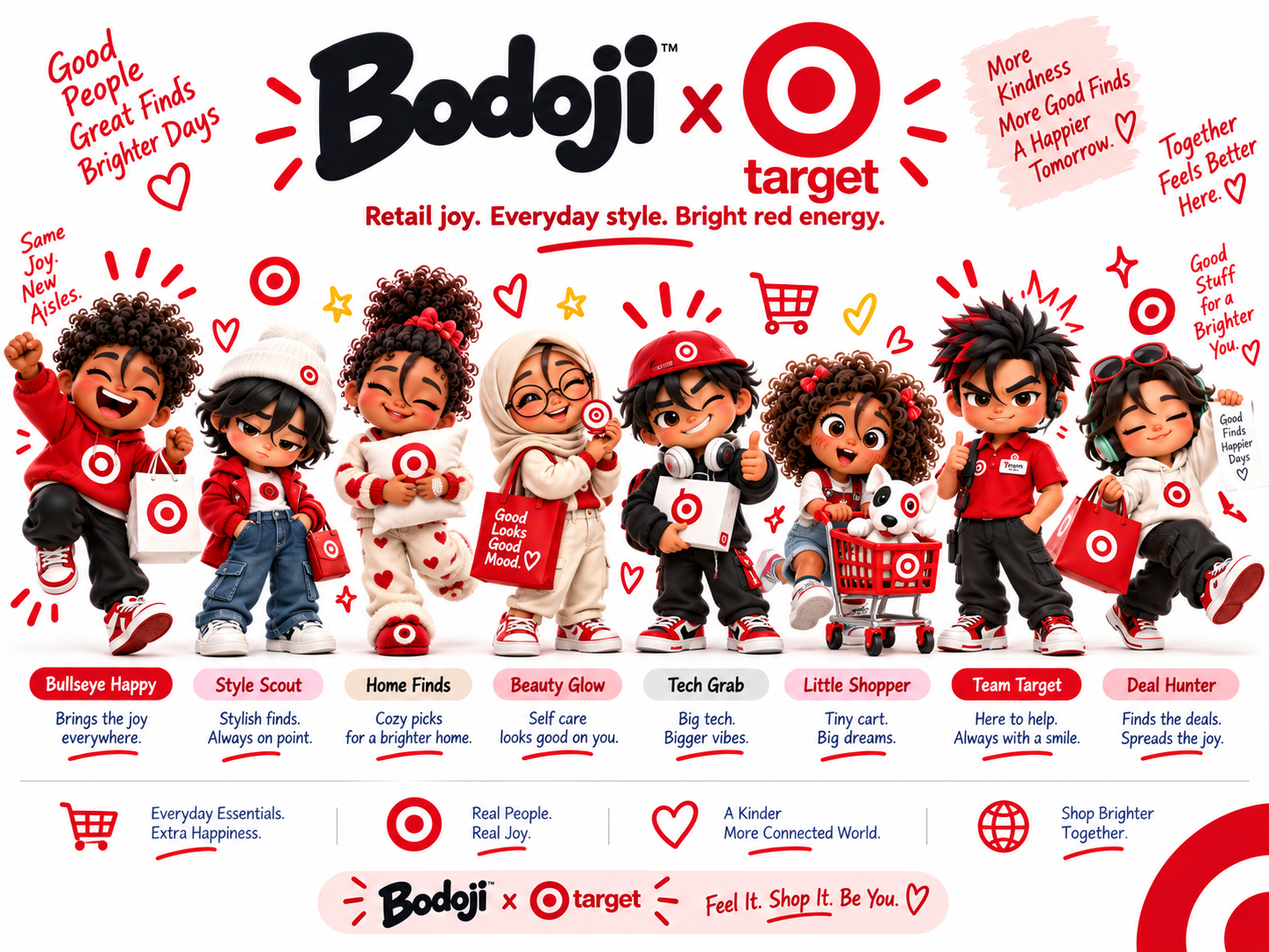 Bodoji and Target partnership artwork with expressive characters and shopping scenes