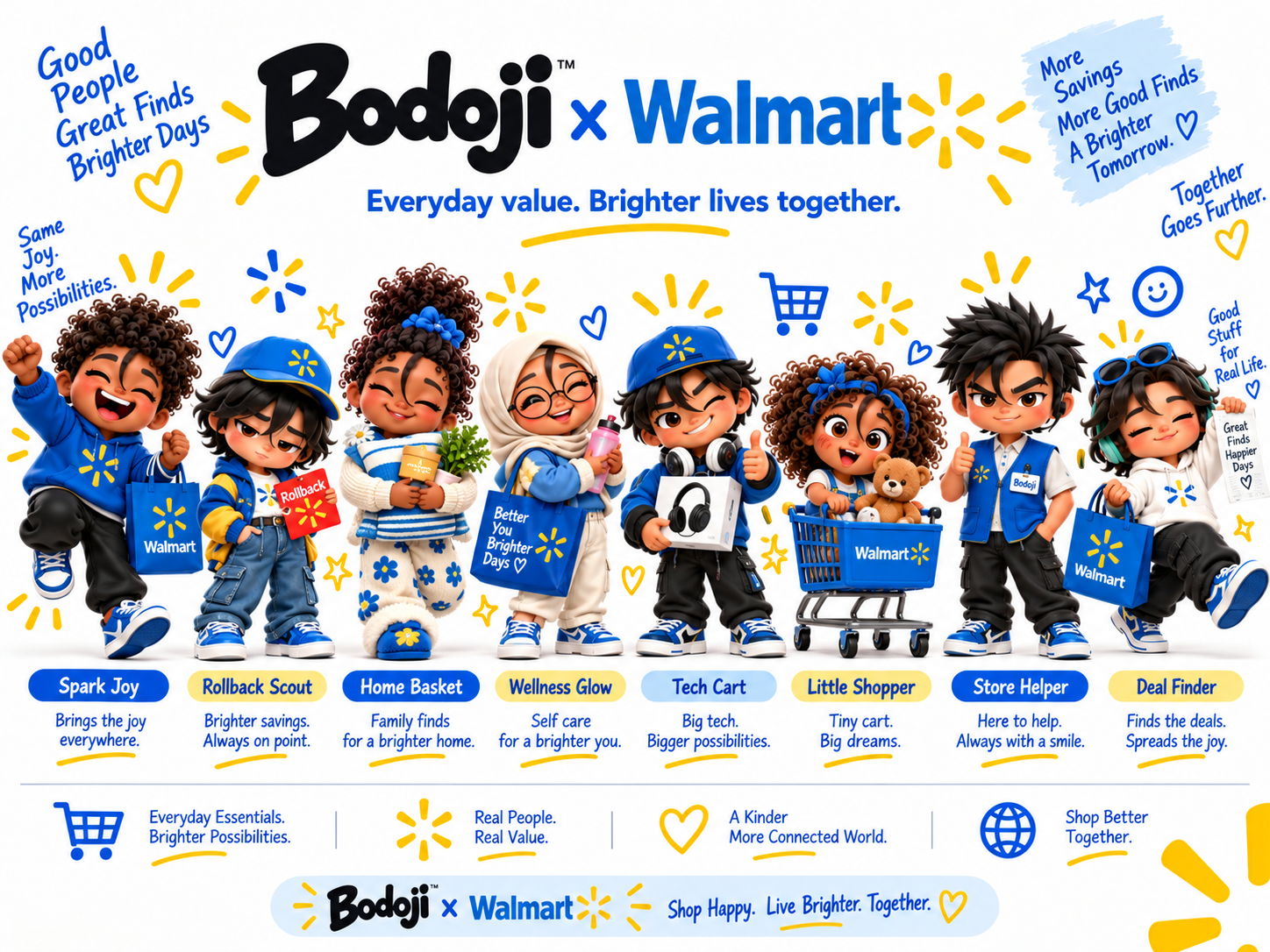 Bodoji and Walmart partnership artwork with expressive characters and shopping scenes