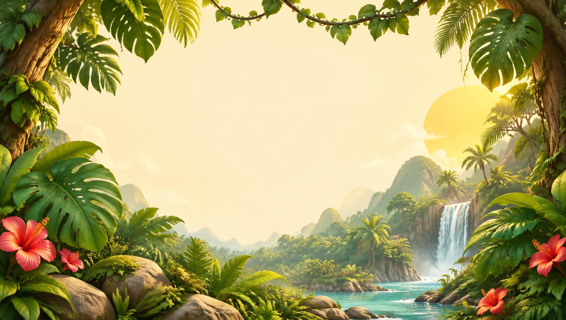 Lush tropical jungle with a sunlit waterfall